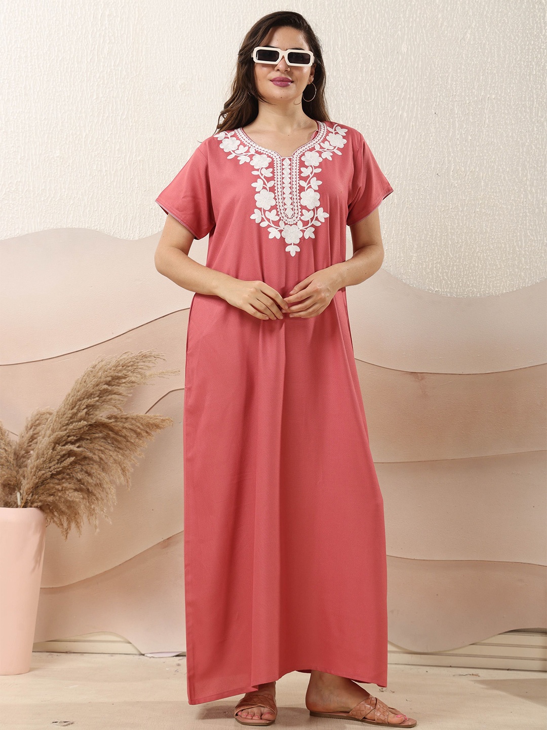 

EASY MOM Women Embroidered Maxi Pure Cotton Nightdress, Peach