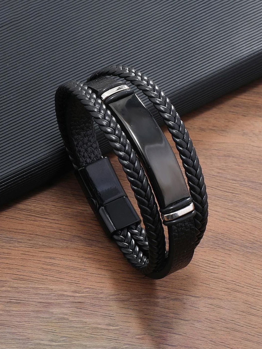 

Designs & You Men Leather Silver-Plated Multi Layered Wraparound Bracelet, Black
