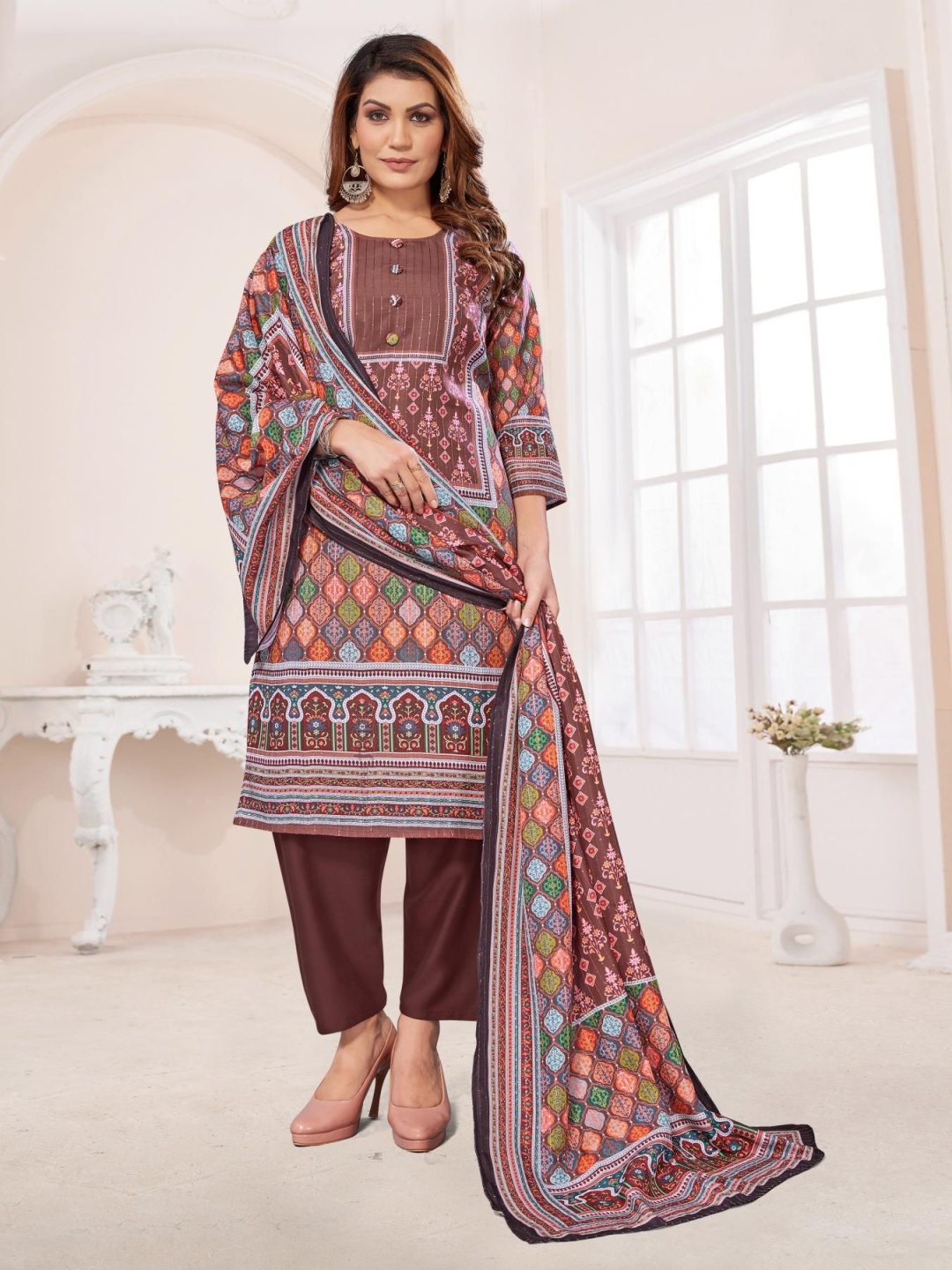 

FVD Ethnic Motifs Printed Round Neck Chanderi Silk Straight Kurta With Salwar & Dupatta, Brown
