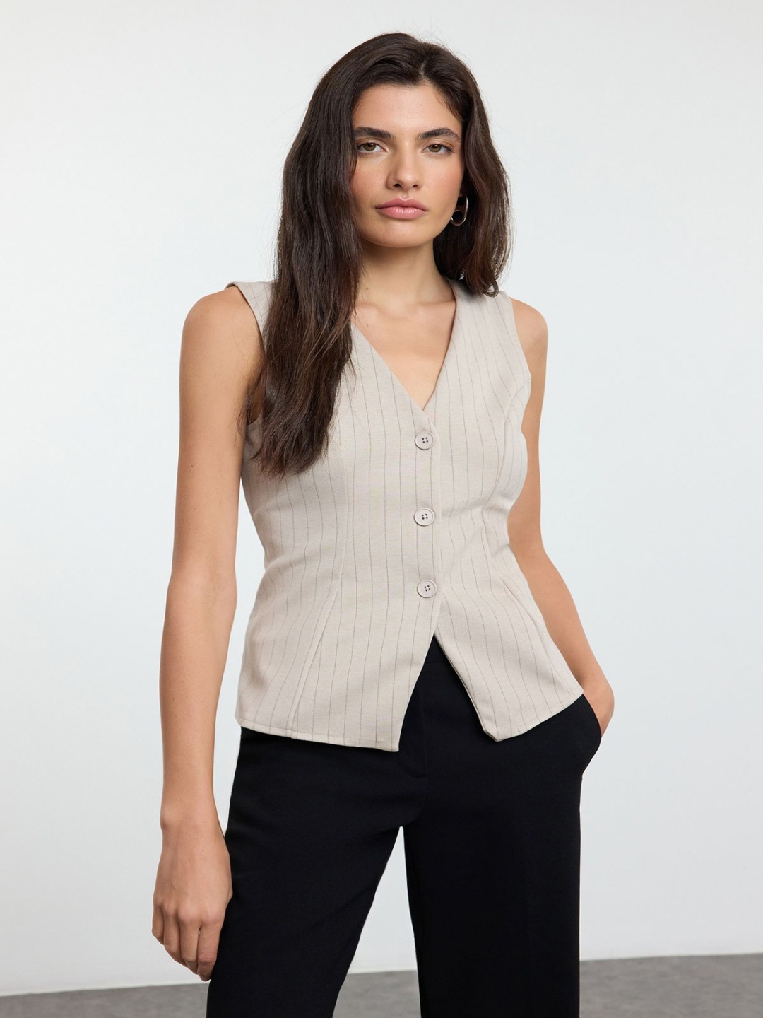 

Trendyol Vizon Striped V-Neck Sleeveless Waistcoat, Beige