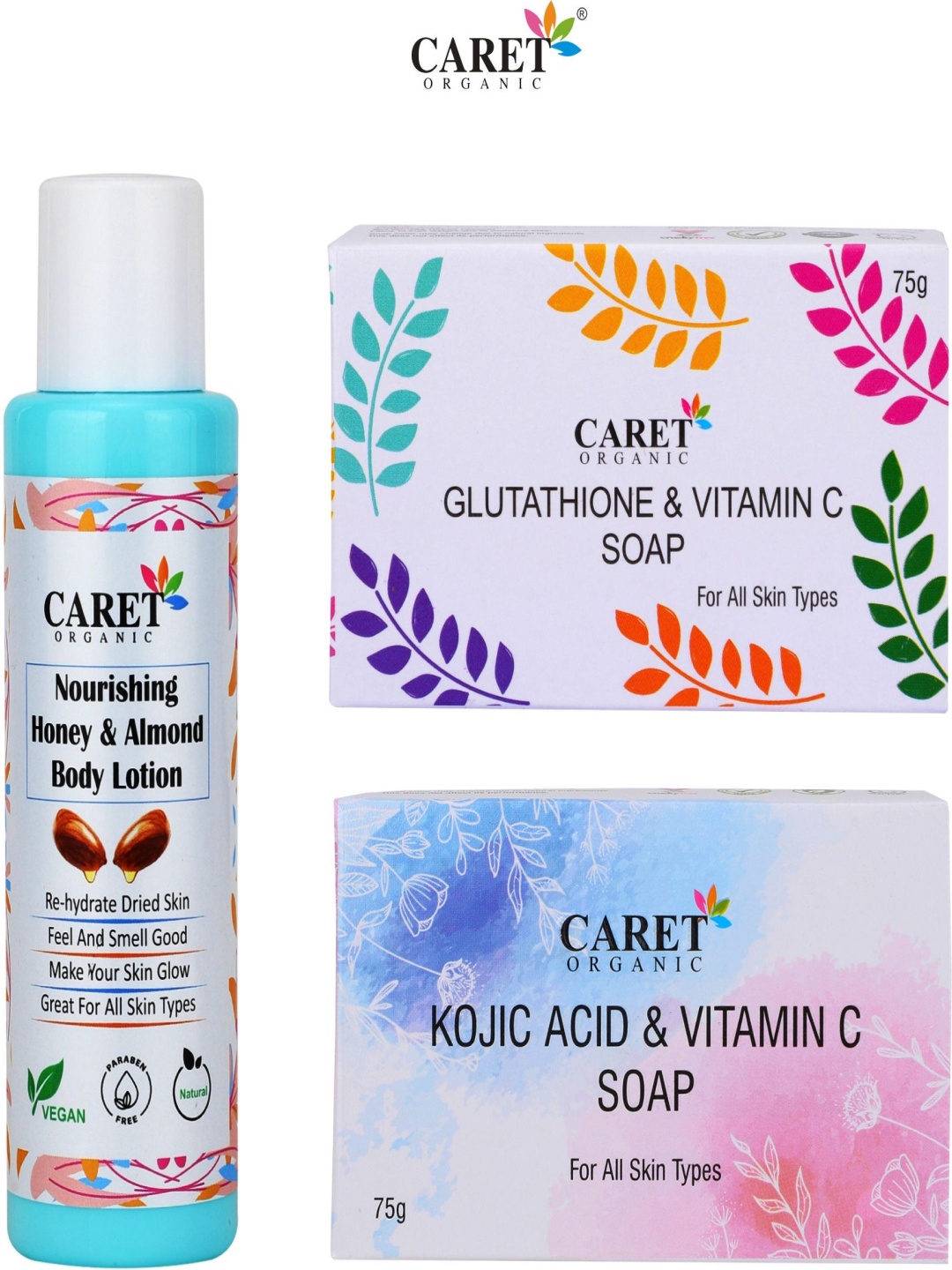 

CARET ORGANIC Set Of 3 Almond Body Lotion, Kojic Acid & Glutathione Soap, White
