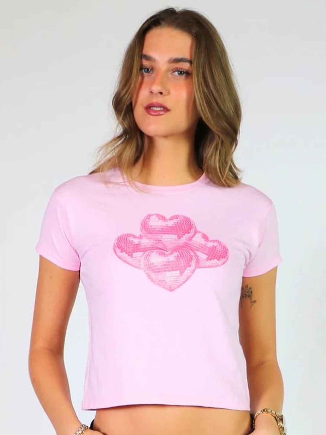 

LULU & SKY Women Heart Printed Cotton Crop T-shirt, Pink