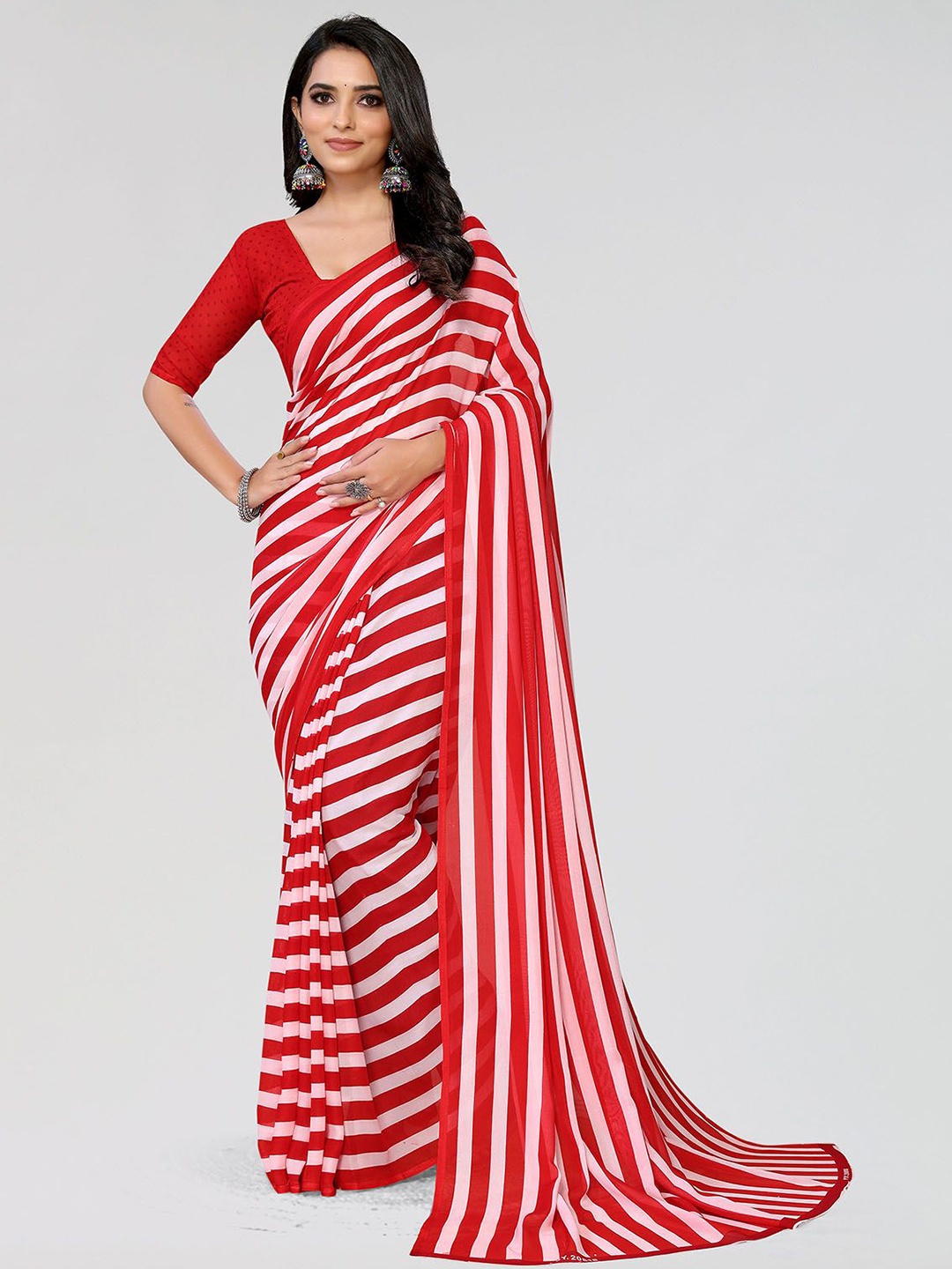 

Moda Rapido Striped Poly Georgette Saree, Red