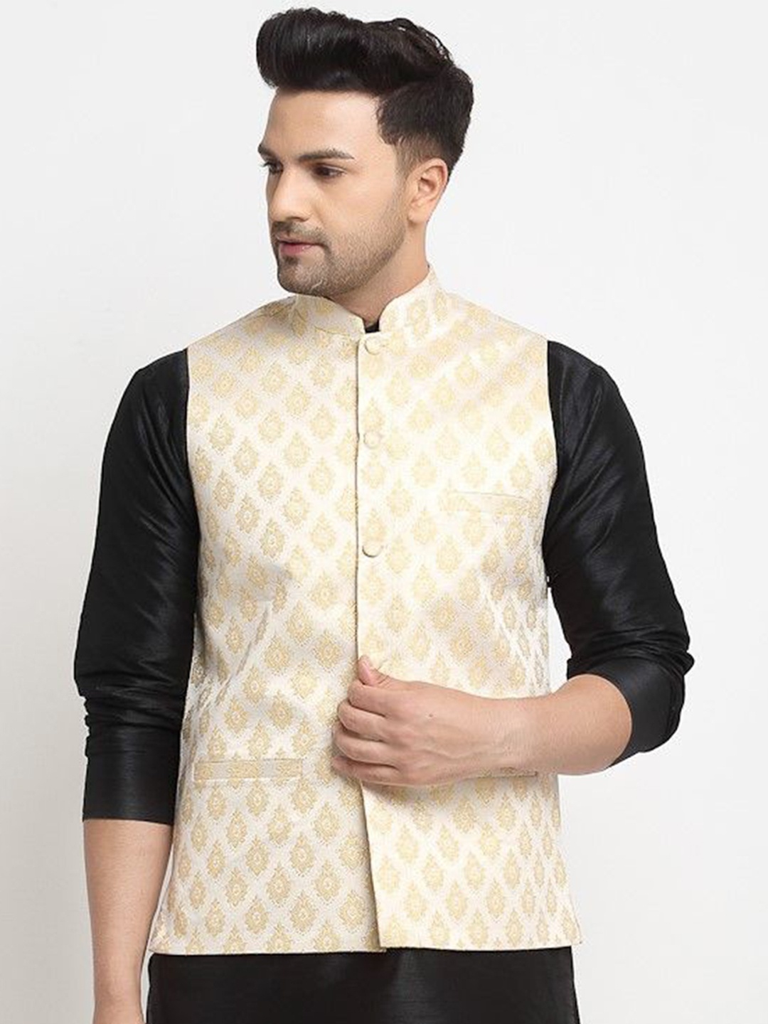 

Kaifoo Men Woven Design Mandarin Collar Nehru Jackets, Gold