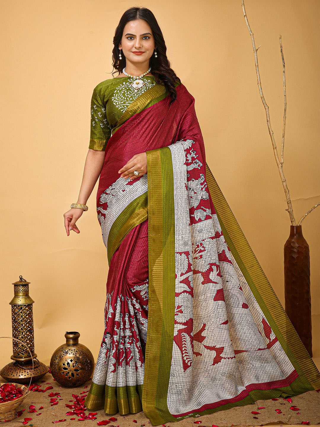 

KALINI Printed Kalamkari Sungudi Saree with Matching Blouse, Maroon