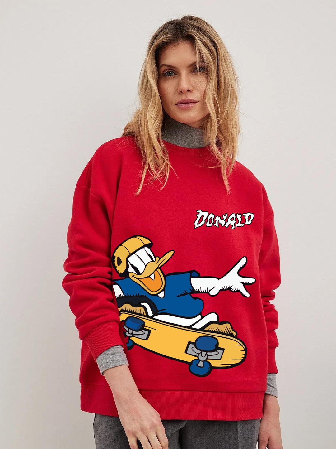

RAYACLOSET Women Graphic Printed Oversized Sweatshirt, Red