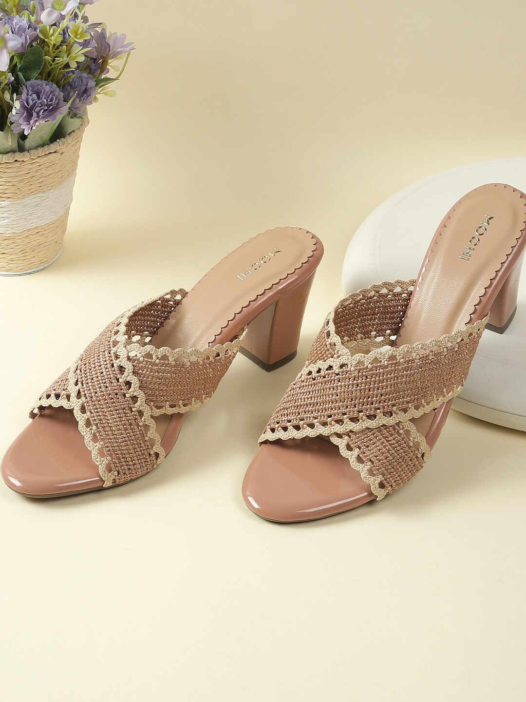 

Mochi Women Embellished Block Heel Sandals, Tan