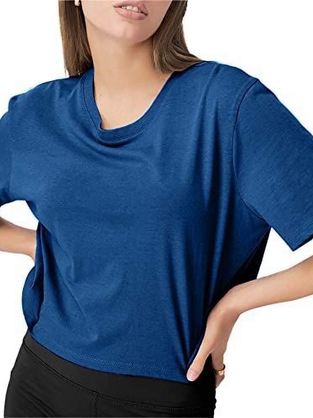 

NOTWILD Women Solid Round Neck Cotton Boxy T-shirt, Blue