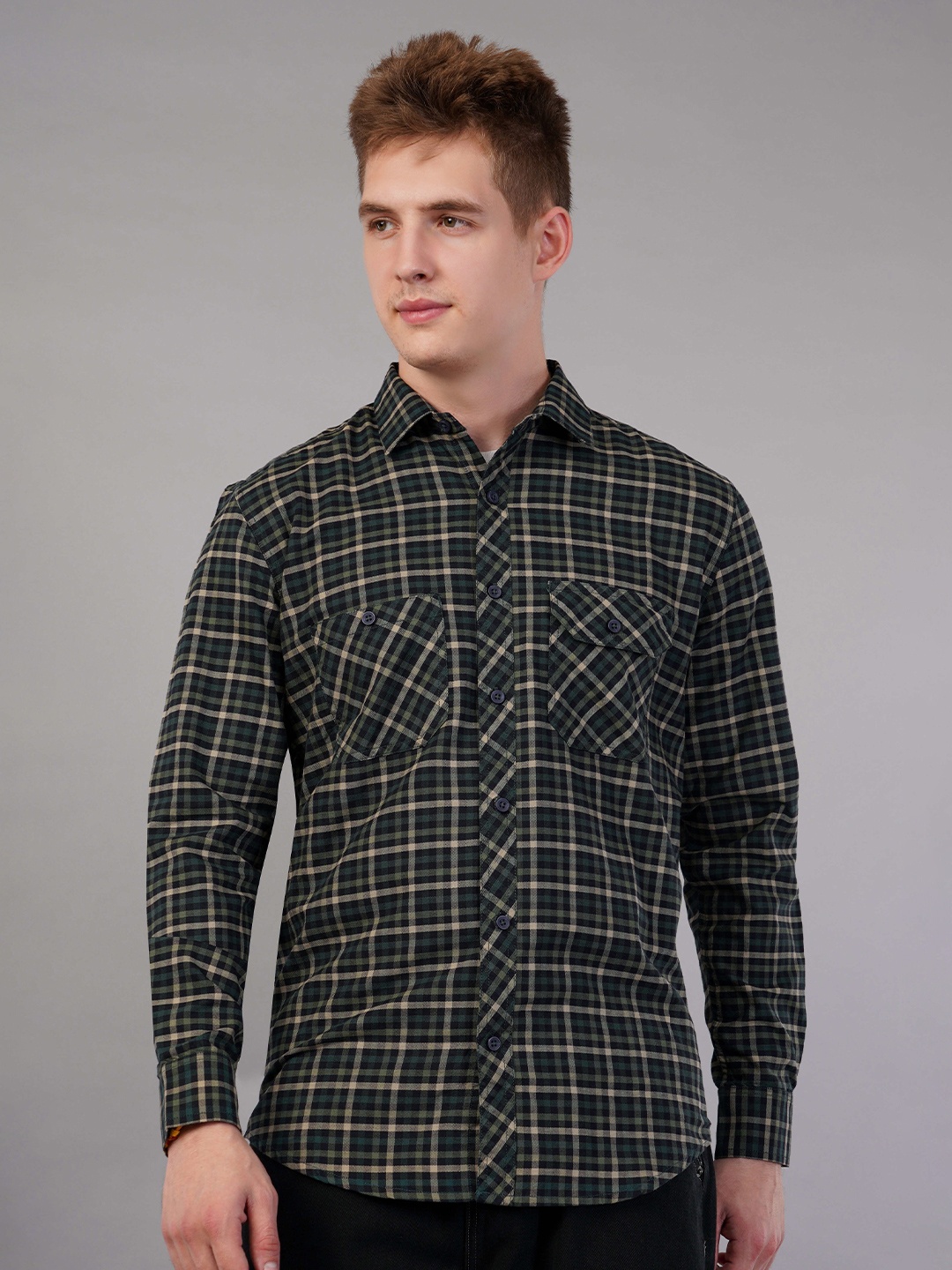 

Binioz Men Classic Tartan Checks Opaque Checked Casual Shirt, Olive