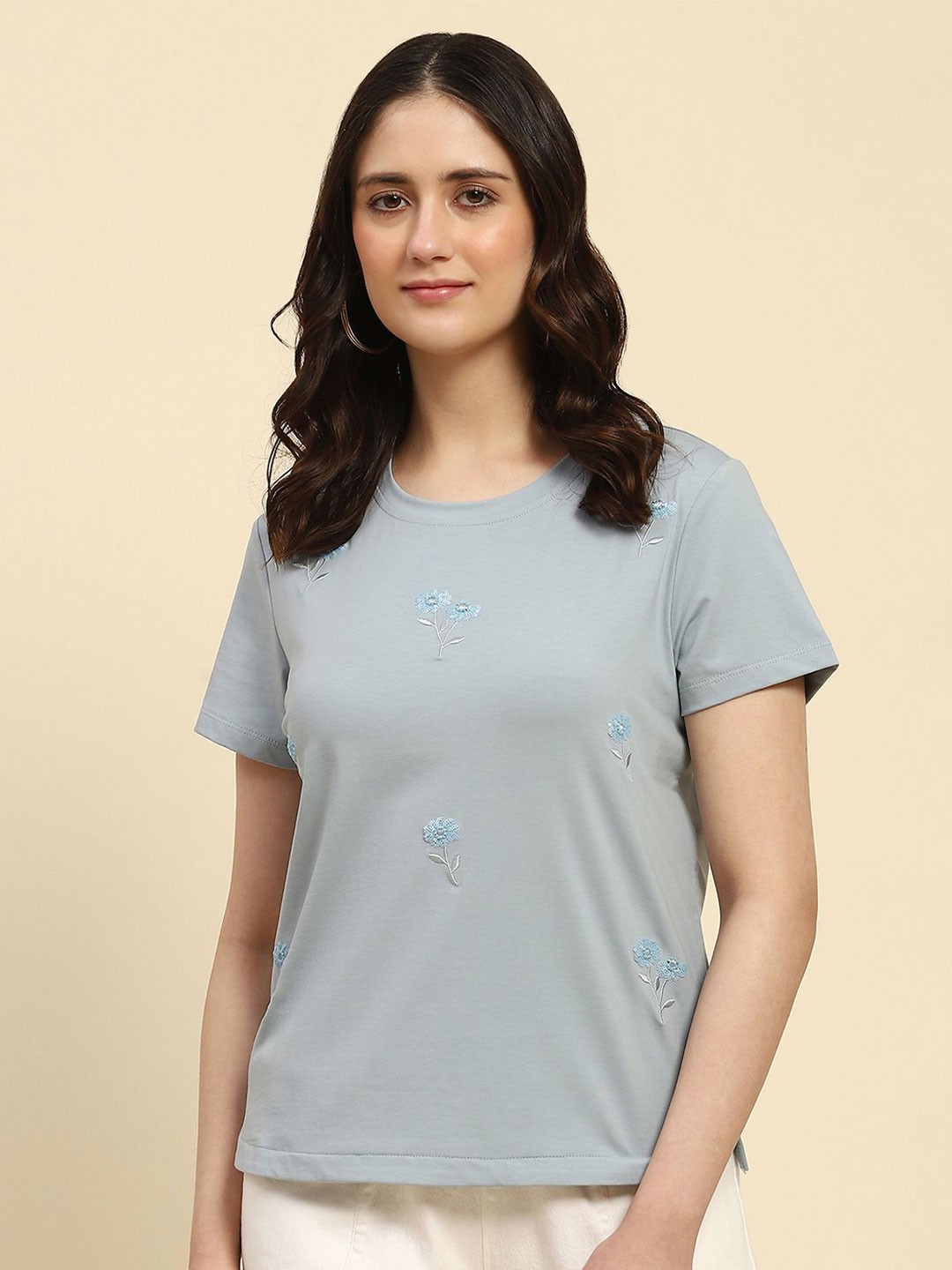 

Global Republic Floral Embroidered Cotton Top, Blue