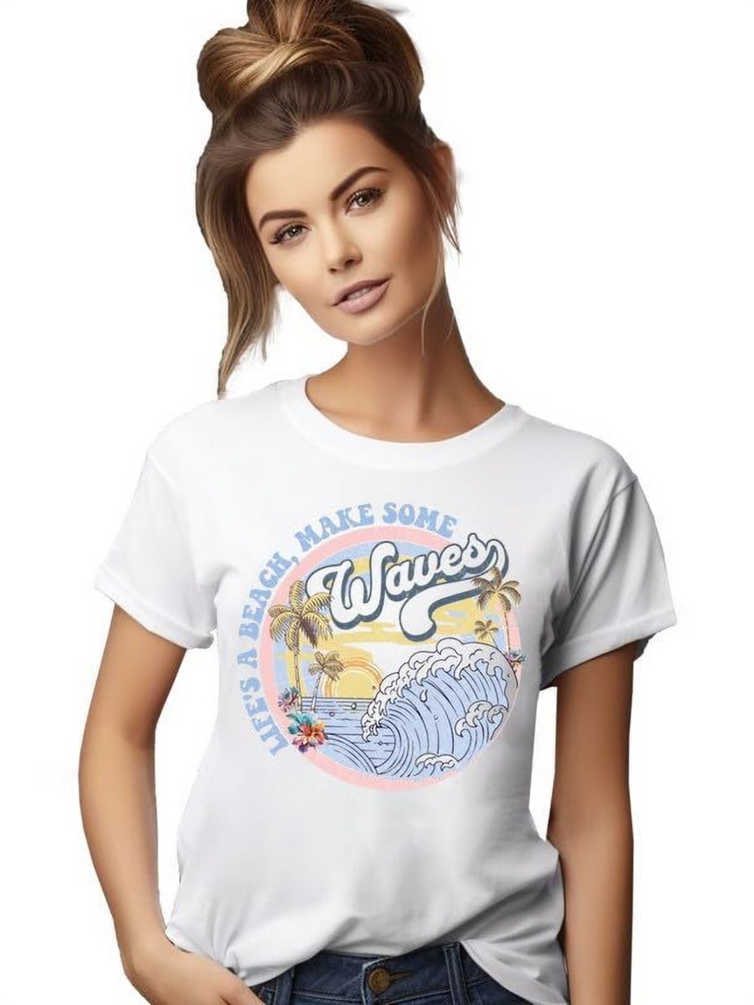 

VLAM Women Floral Printed Extended Sleeves Raw Edge T-shirt, White