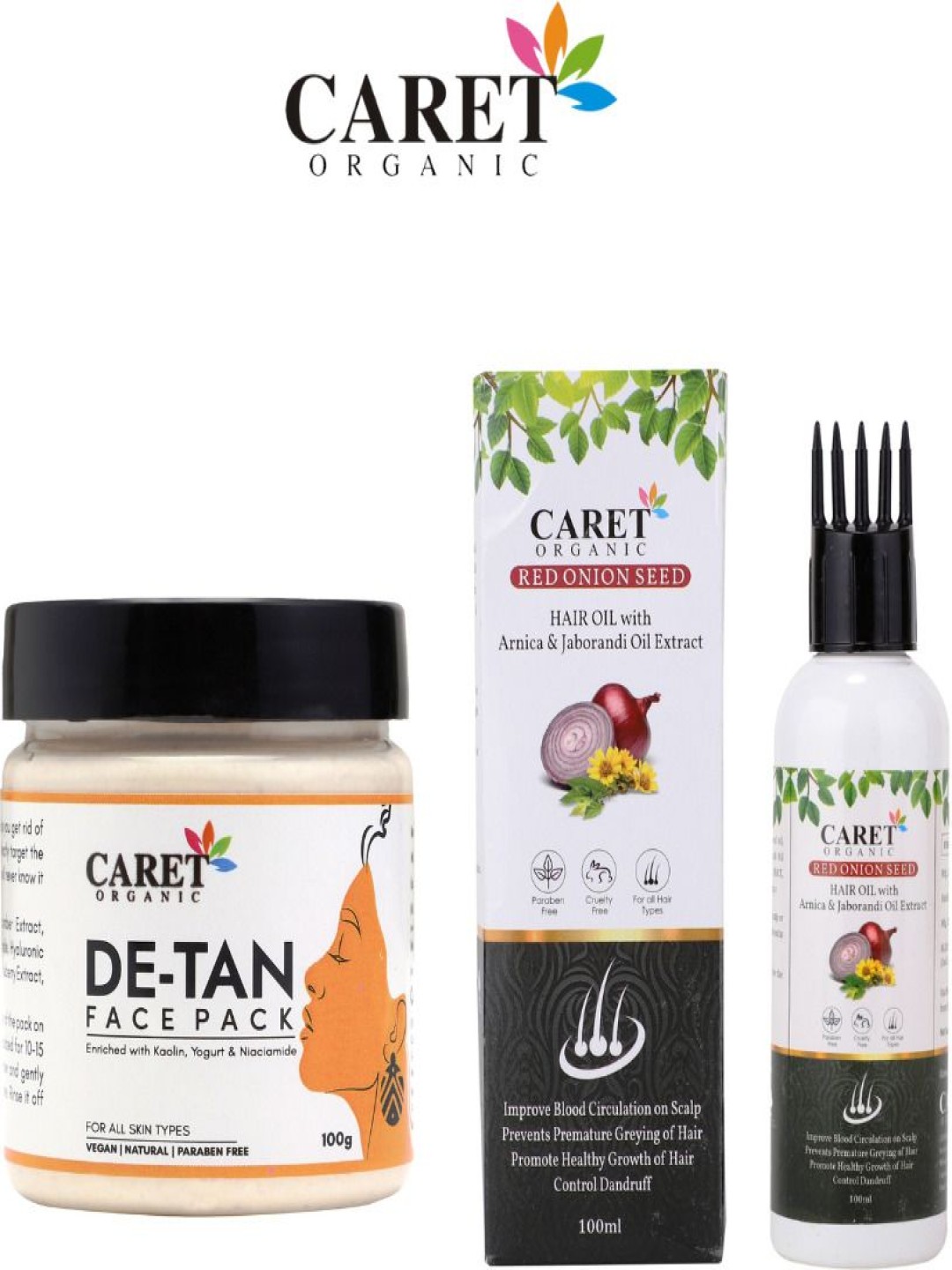 

CARET ORGANIC Set Of 2 De-Tan Face Pack- 100 g & Red Onion Seed Hair Oil- 100 ml, White