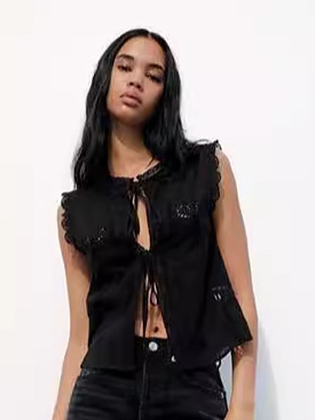 

LULU & SKY Women Tie-Up Neck Shirt Style Top With Lace Detail, Black