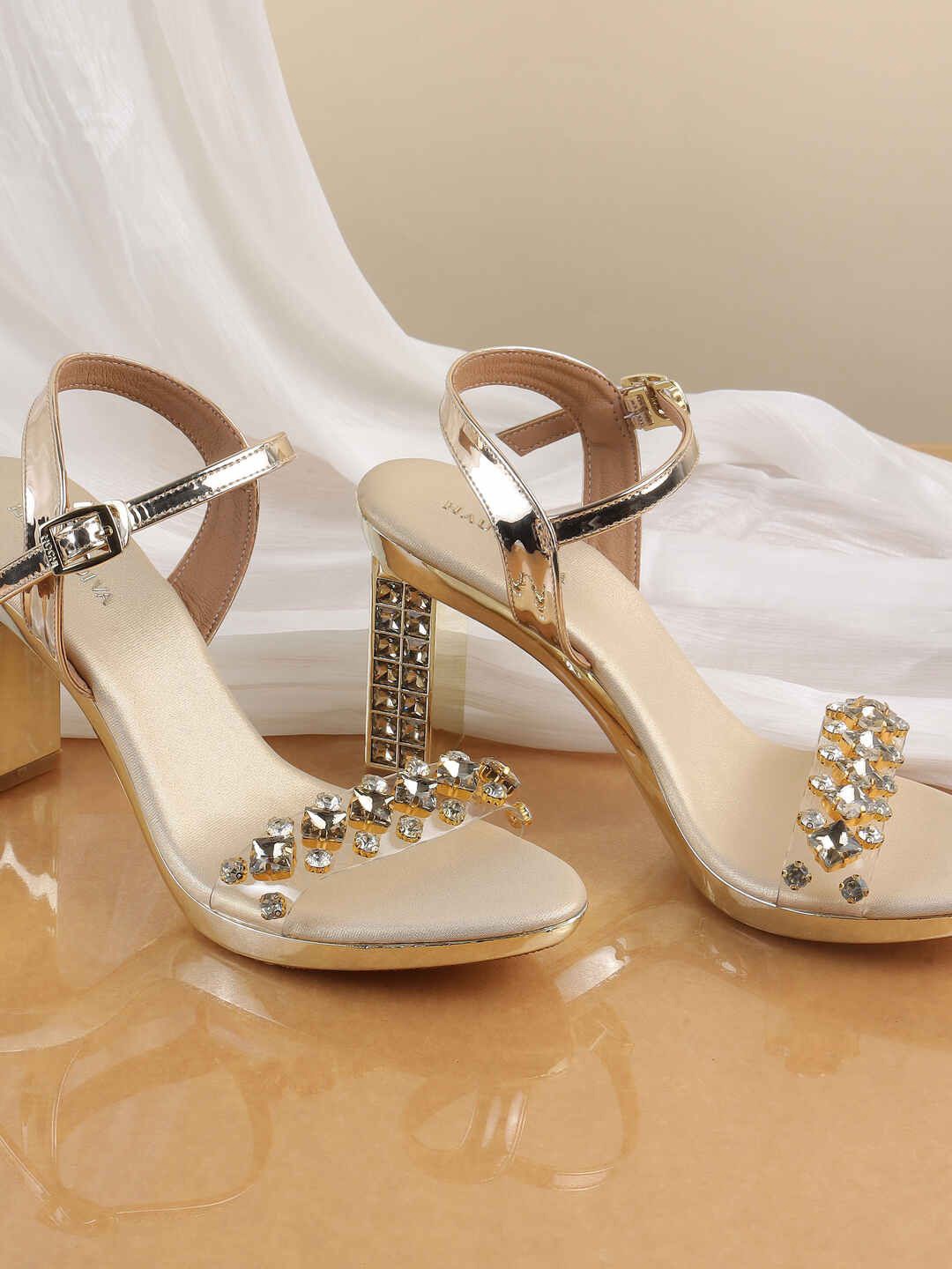 

Mochi Embellished Block Heel Sandals, Gold