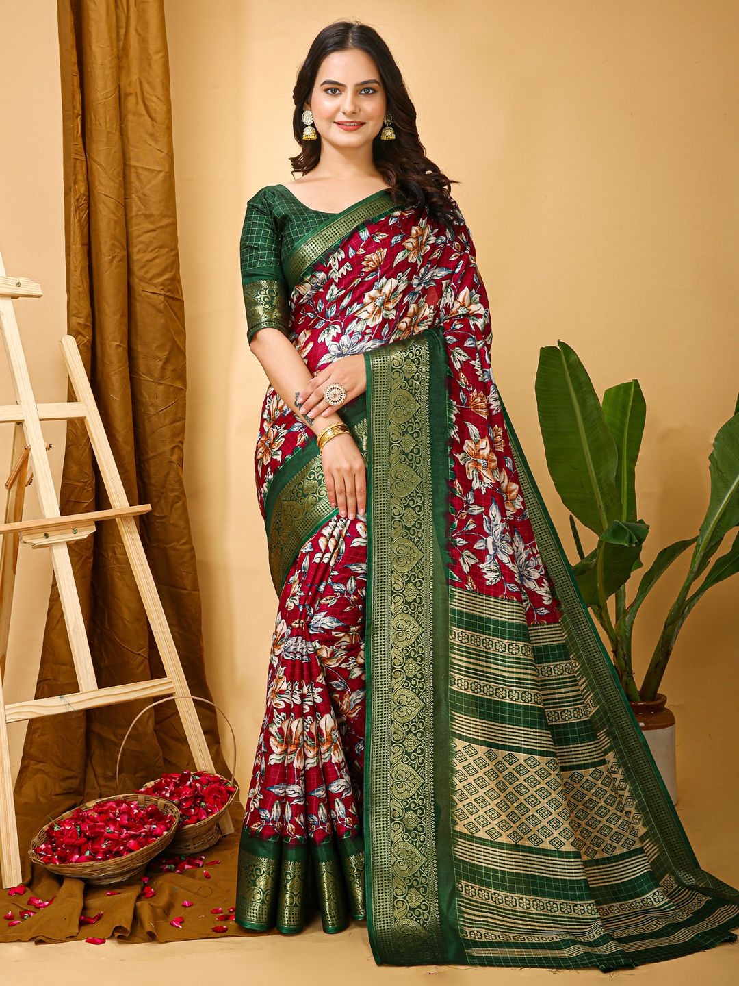 

KALINI Floral Printed Zari Woven Design Sungudi Saree, Maroon