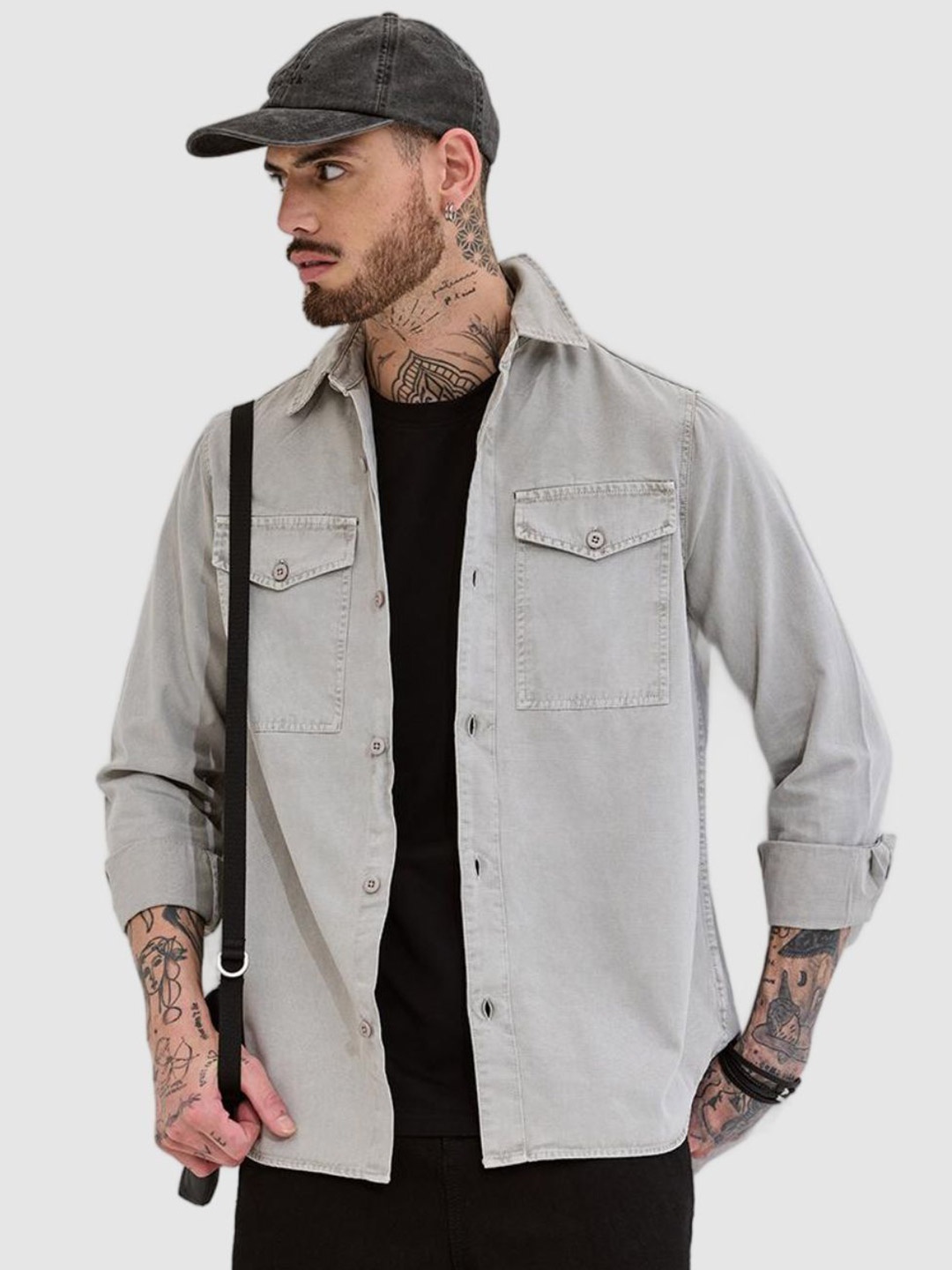 

Snitch Men Relaxed Boxy Fit Spread Collar Solid Cotton Casual Shirt, Grey