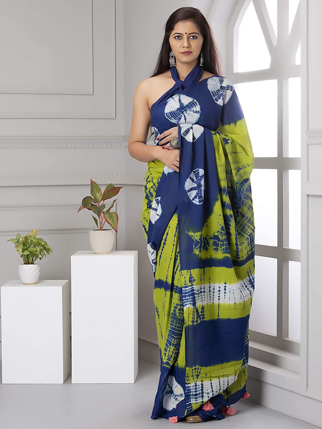 

Pinkcity Trade World Tie and Dye Pure Cotton Block Print Saree, Green