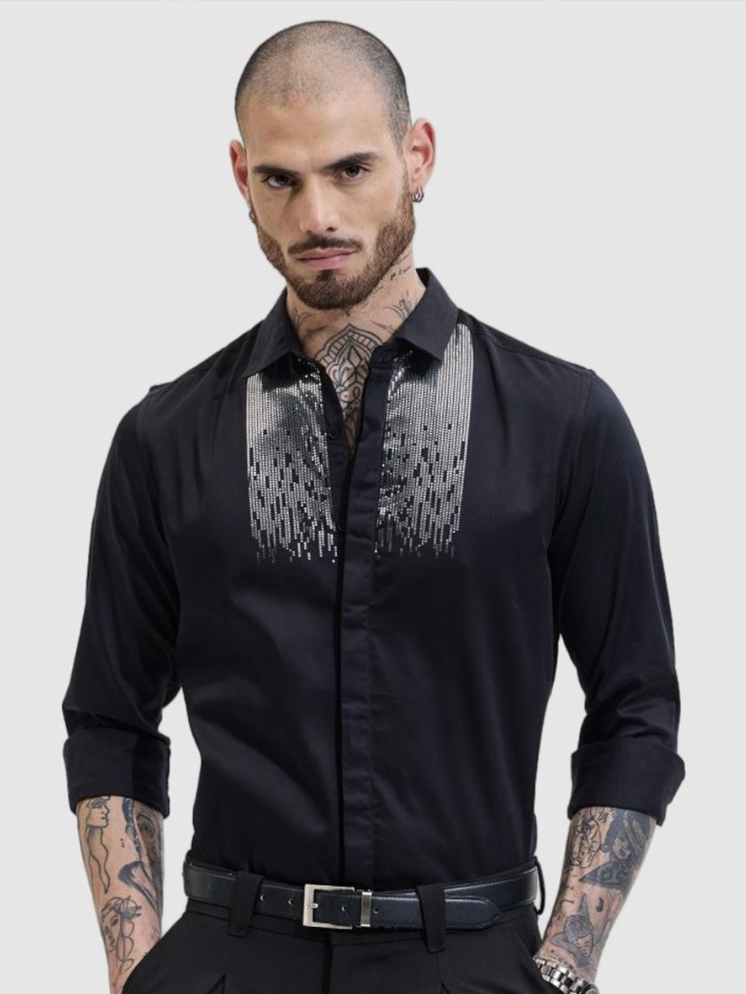 

Snitch Men Smart Slim Fit Spread Collar Abstract Printed Cotton Party Shirt, Black