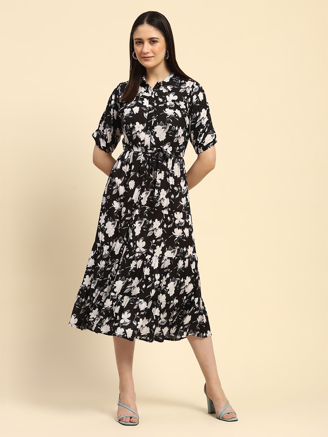 

Global Republic Floral Print Shirt Midi Dress, Black