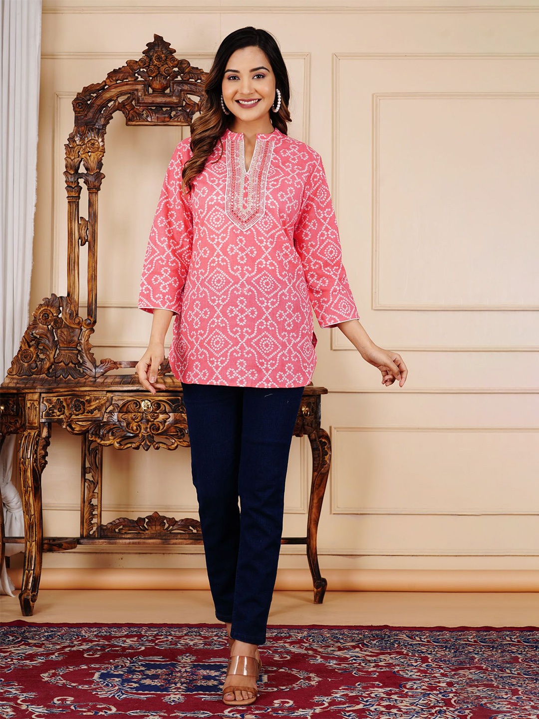 

L.H HANDICRAFTS Embroidered Mandarin Collar Cotton A-Line Top, Pink