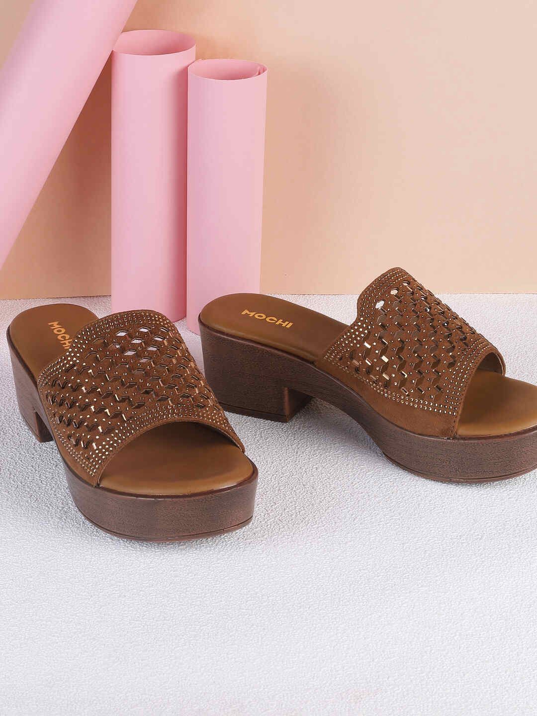 

Mochi Women Embellished Block Heel Sandals, Brown