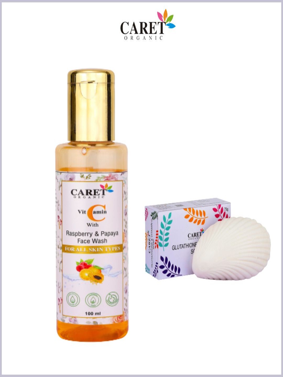 

CARET ORGANIC Set Of 2 Glutathione Vitamin C Soap &Vitamin C With Raspberry Face Wash, Beige