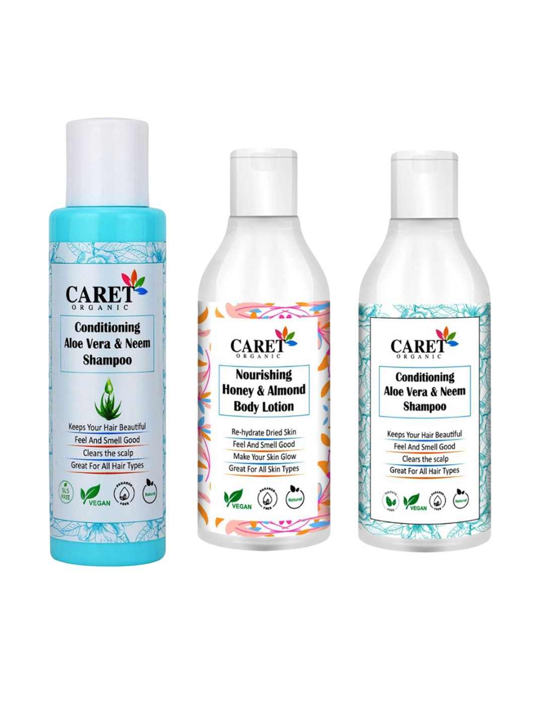 

CARET ORGANIC Set Of 2 Aloevera & Neem Shampoo & Honey & Almond Body Lotion, White