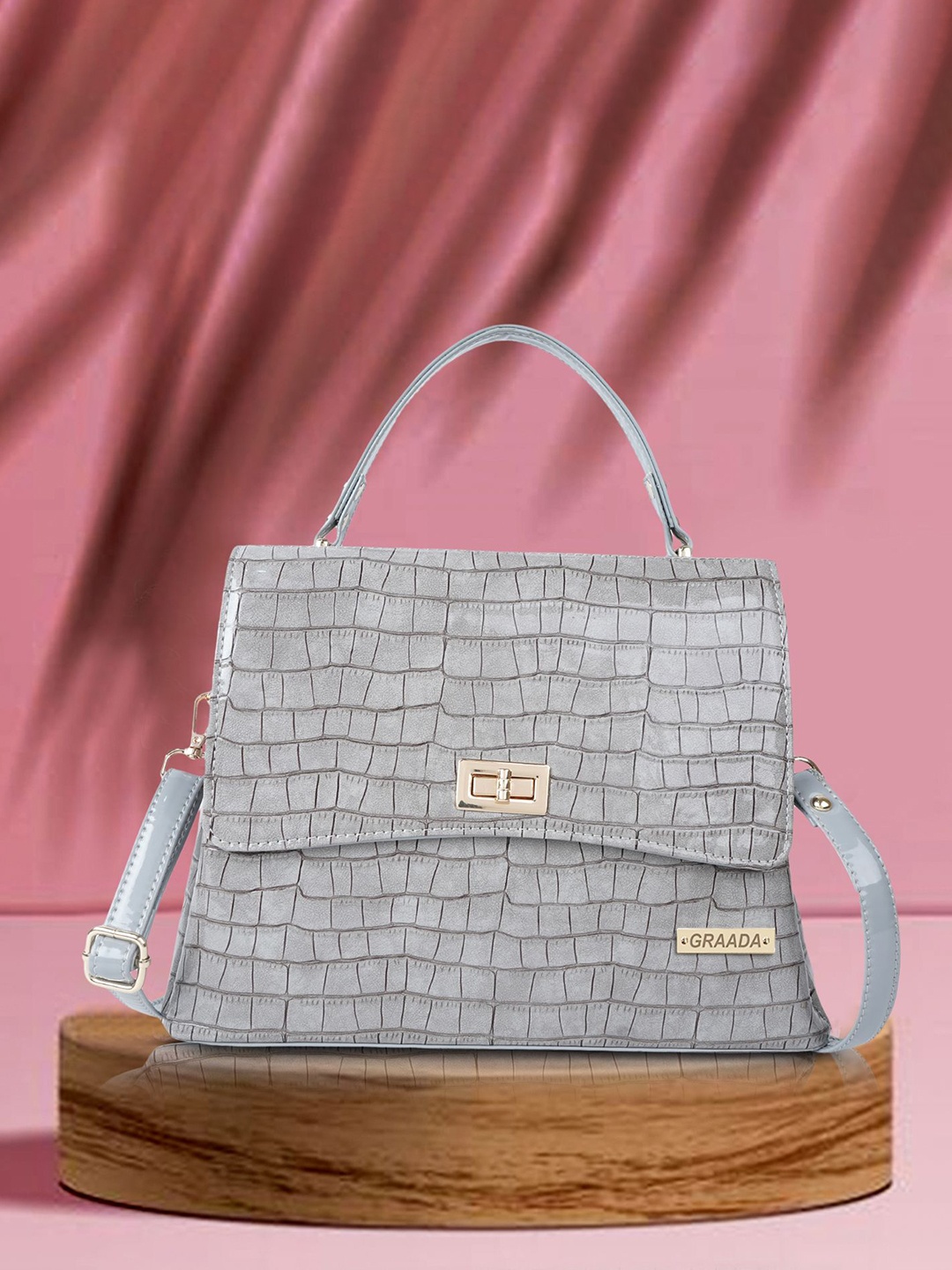 

GRAADA Women Textured Structured Leather Satchel Bag, Grey