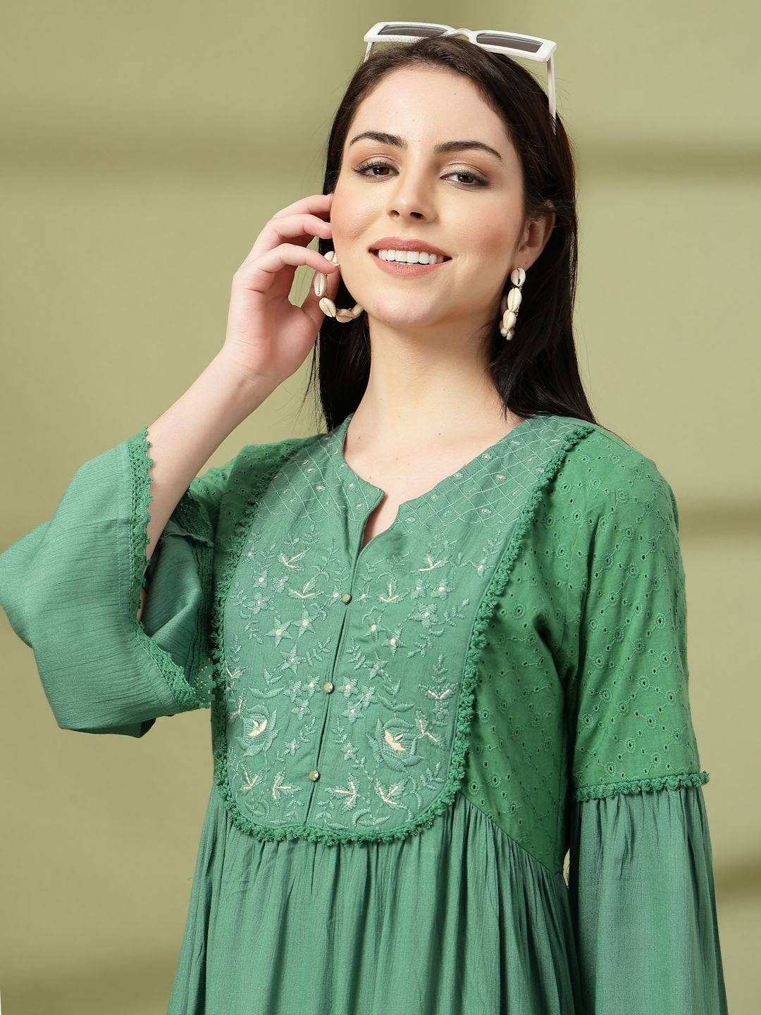 

Nayam By Lakshita Solid Embroidered Rayon Tiered Dress for Women, Green