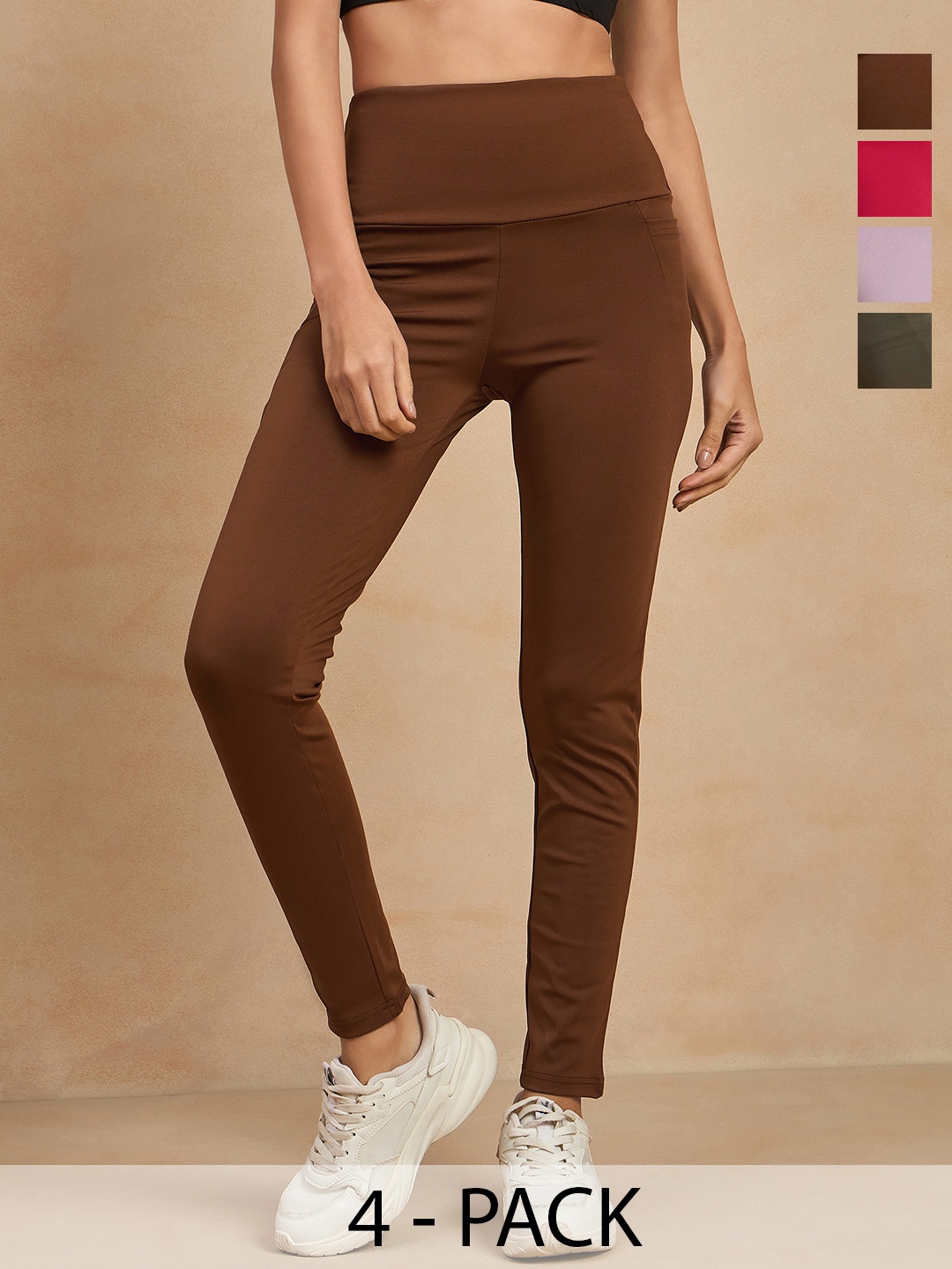 

COLOR CAPITAL Women Pack of 4 Skin Fit Antimicrobial Gym Tights, Coffee brown
