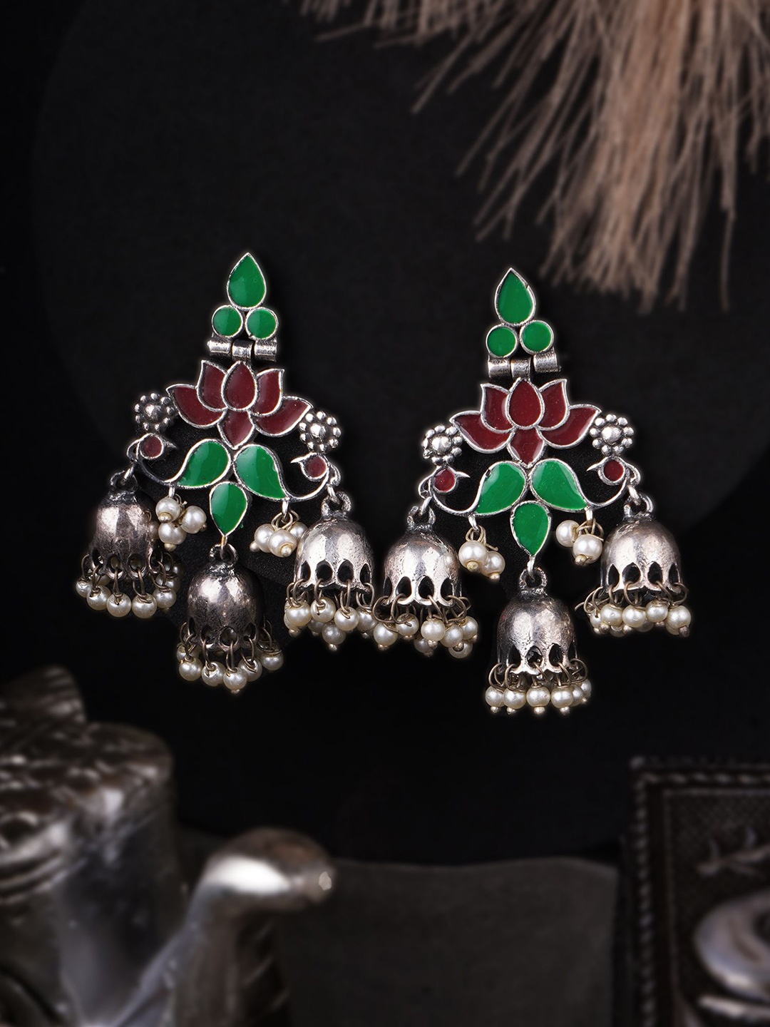 

Adwitiya Silver-Plated Kundan Studded Dome Shaped Oxidised Drop Earrings