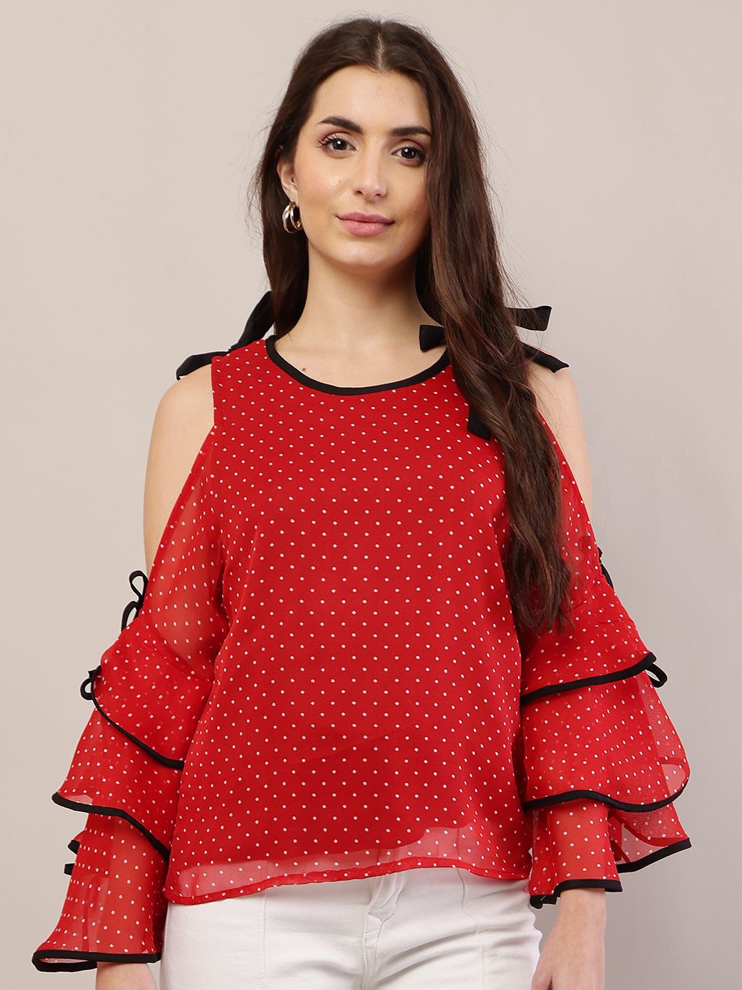 

Raabta Fashion Polka Dot Print Cold-Shoulder Georgette Top, Red