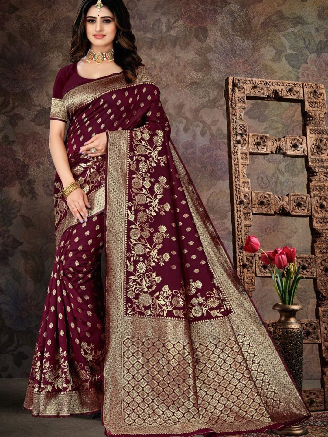 

F FASHION Ethnic Motifs Zari Banarasi Saree, Maroon