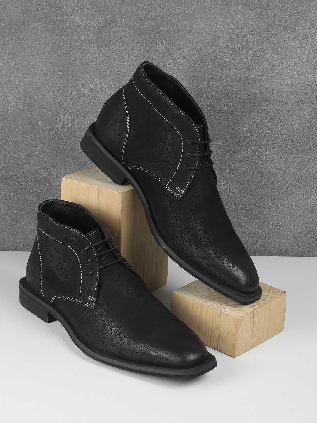 

DAVINCHI Men Leather Block-Heeled Boots, Black
