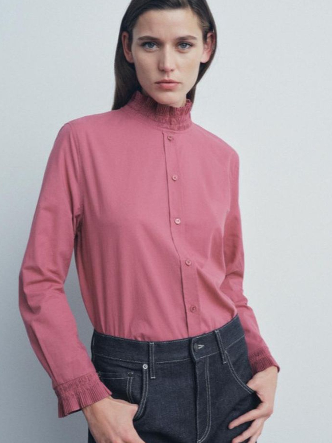 

LULU & SKY Women Mandarin Collar Shirt Style Top, Pink