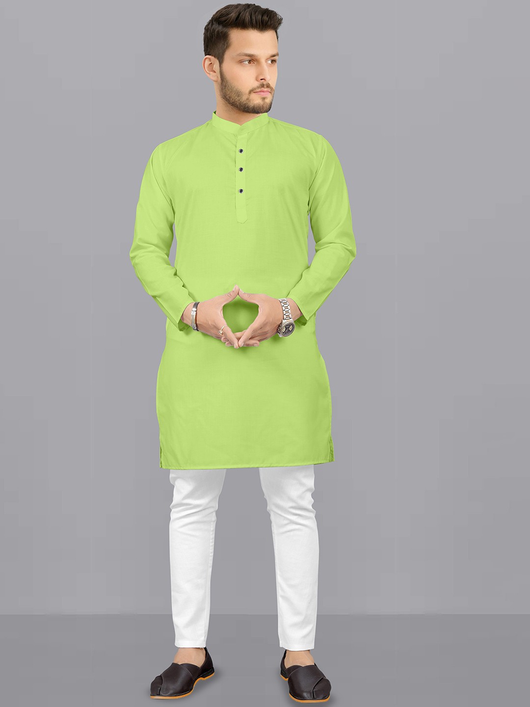 

Fashion FRICKS Band Collar Long Sleeves Straight Kurta with Pyjamas, Lime green