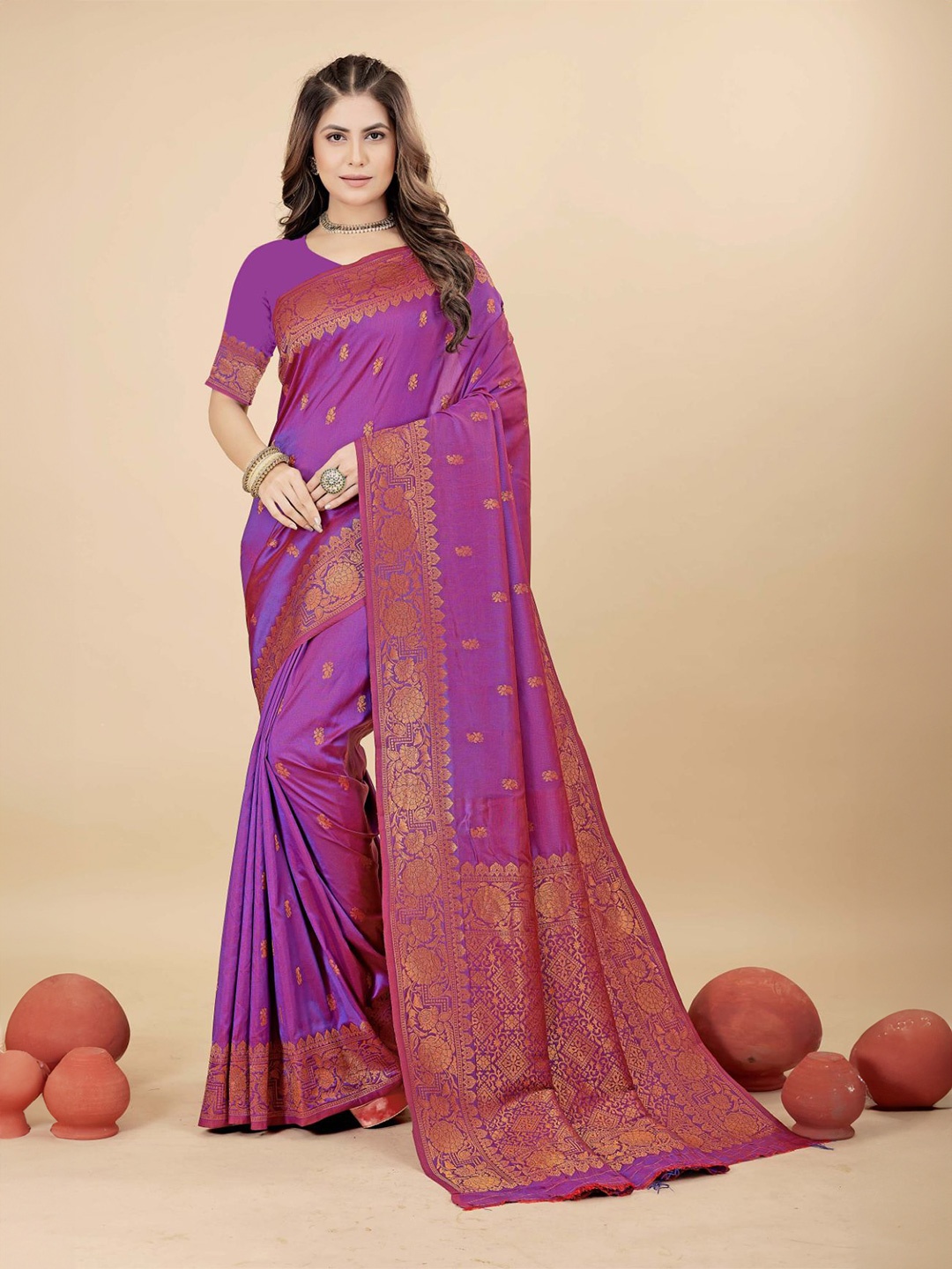 

amirat Woven Design Zari Pure Silk Banarasi Saree, Purple