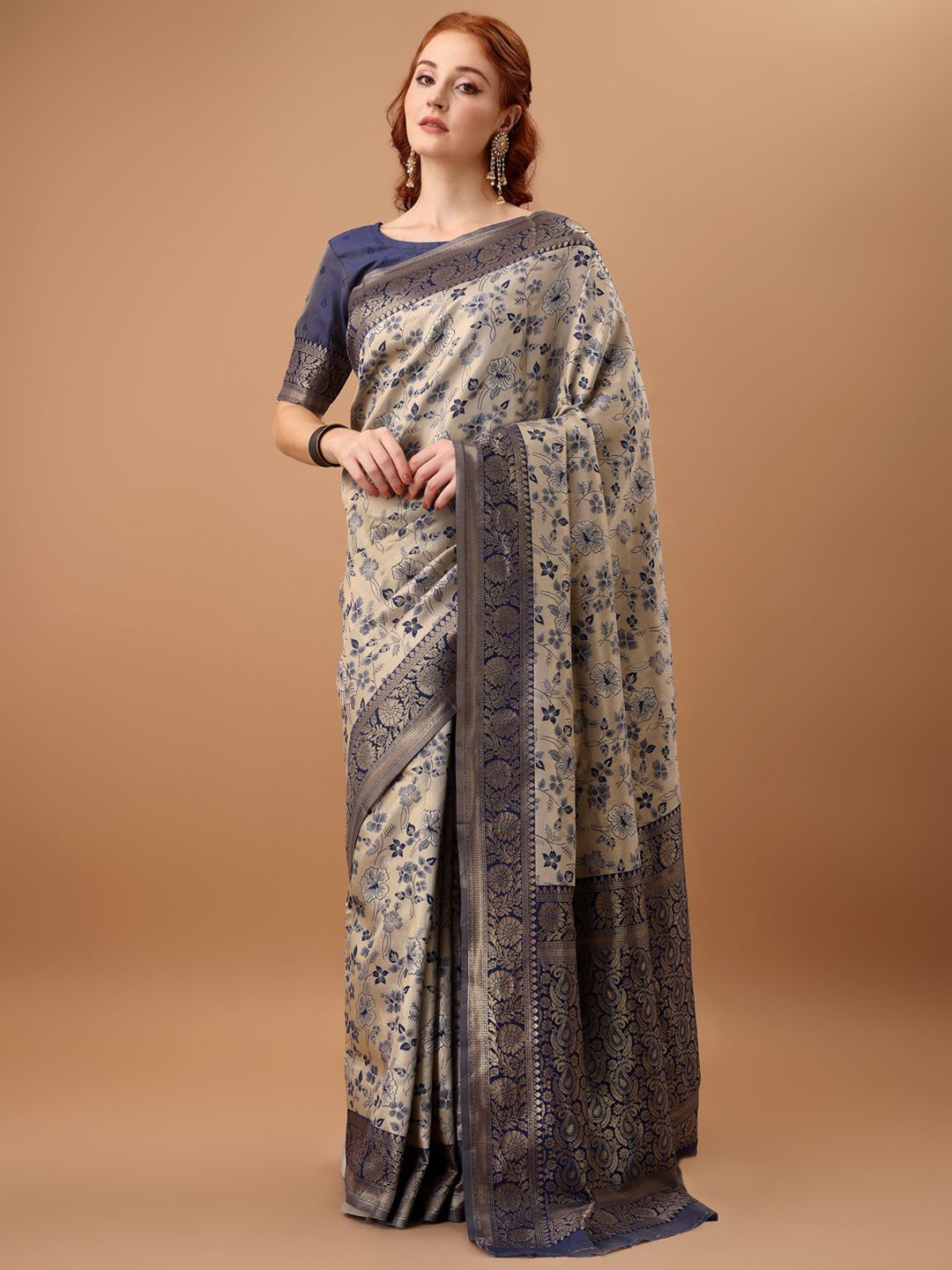 

F FASHION Floral Woven Design Zari Banarasi Saree, Navy blue