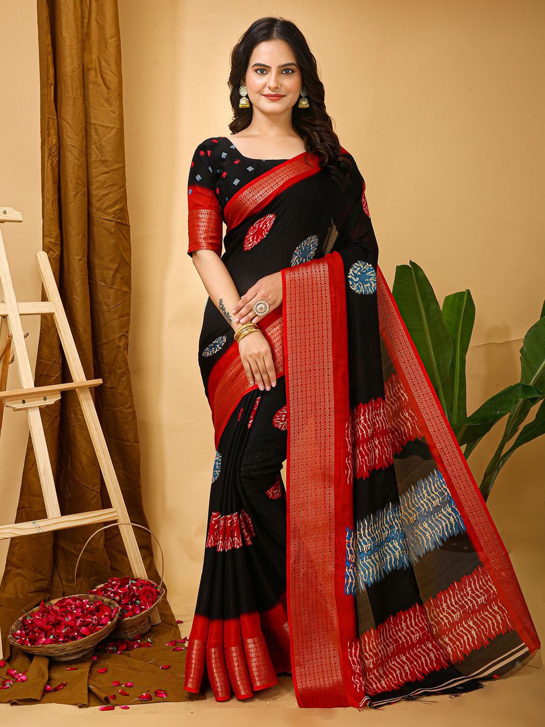 

KALINI Zari Silk Blend Sungudi Saree, Black