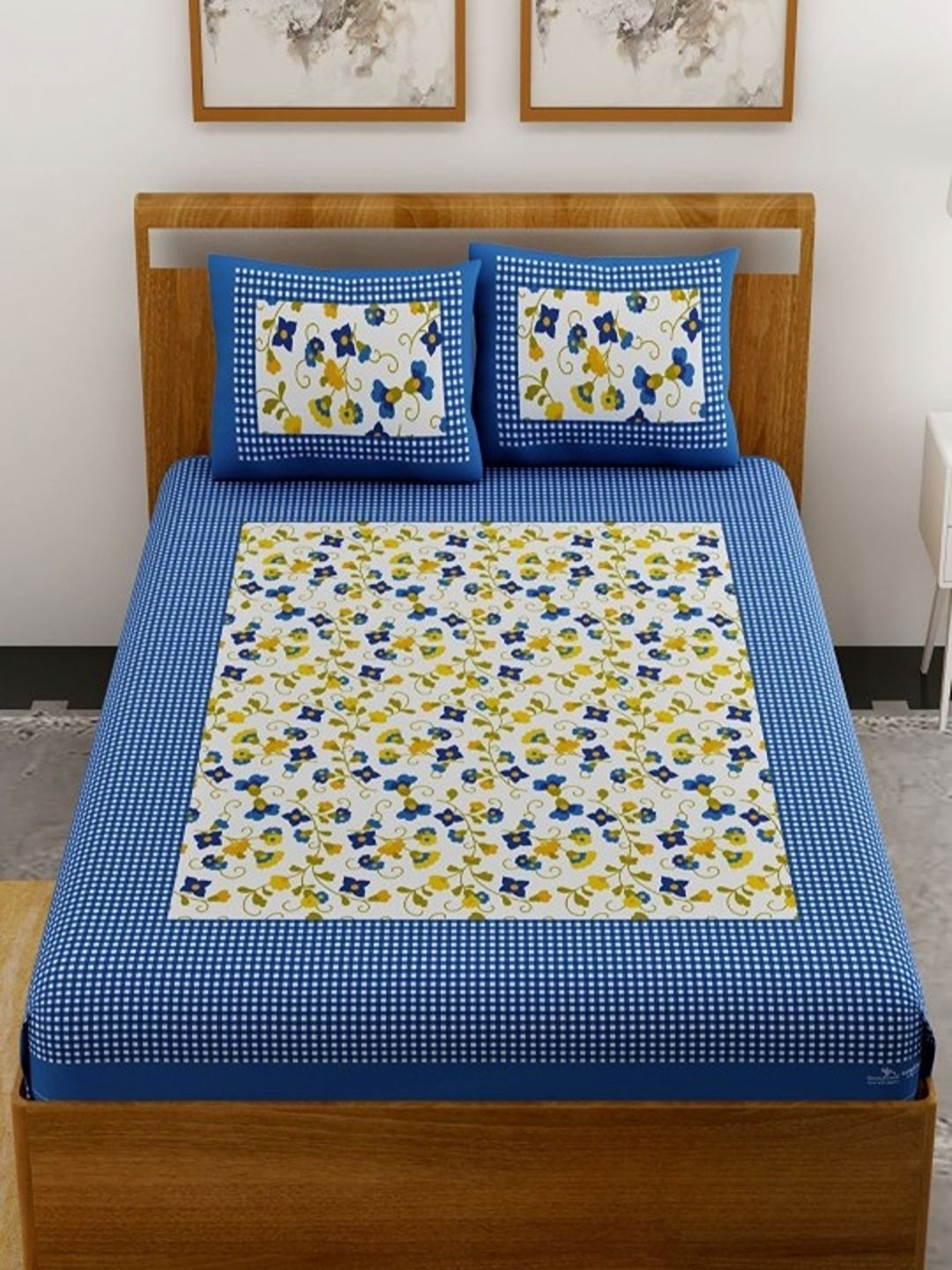 

Aura Blue & Yellow Floral 144 TC Queen Bedsheet with 2 Pillow Covers