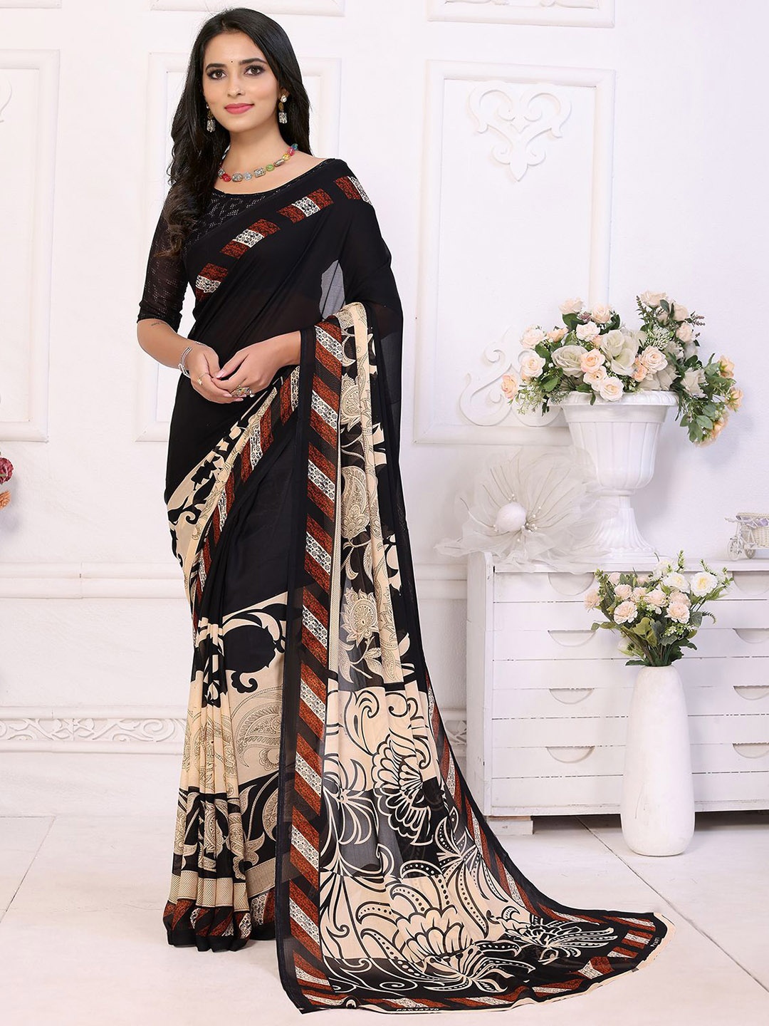 

Moda Rapido Floral Printed Saree, Black