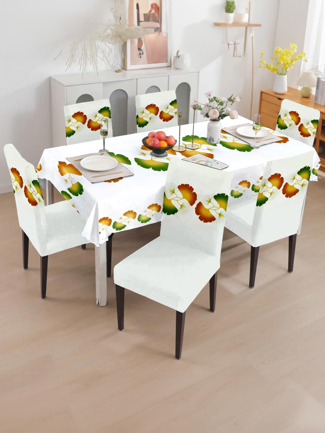 

Cortina 7-Pcs White & Green Printed Table Cover & Dining ChairCoverSet