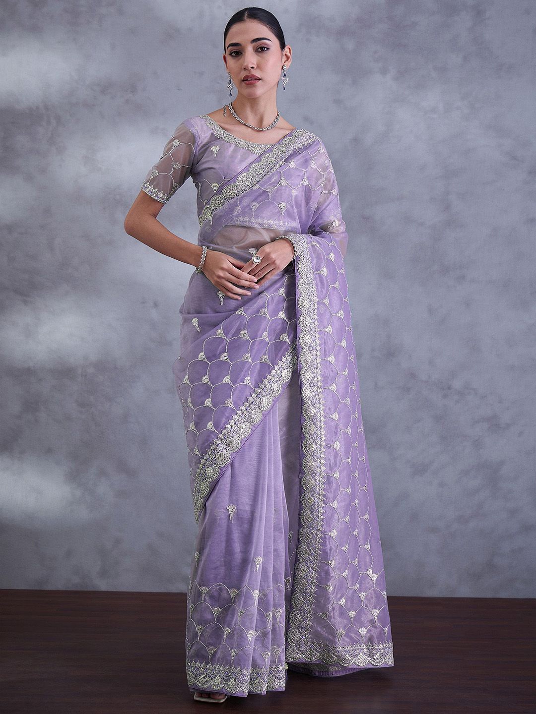 

Mitera Embellished Sequinned Net Designer Saree, Lavender