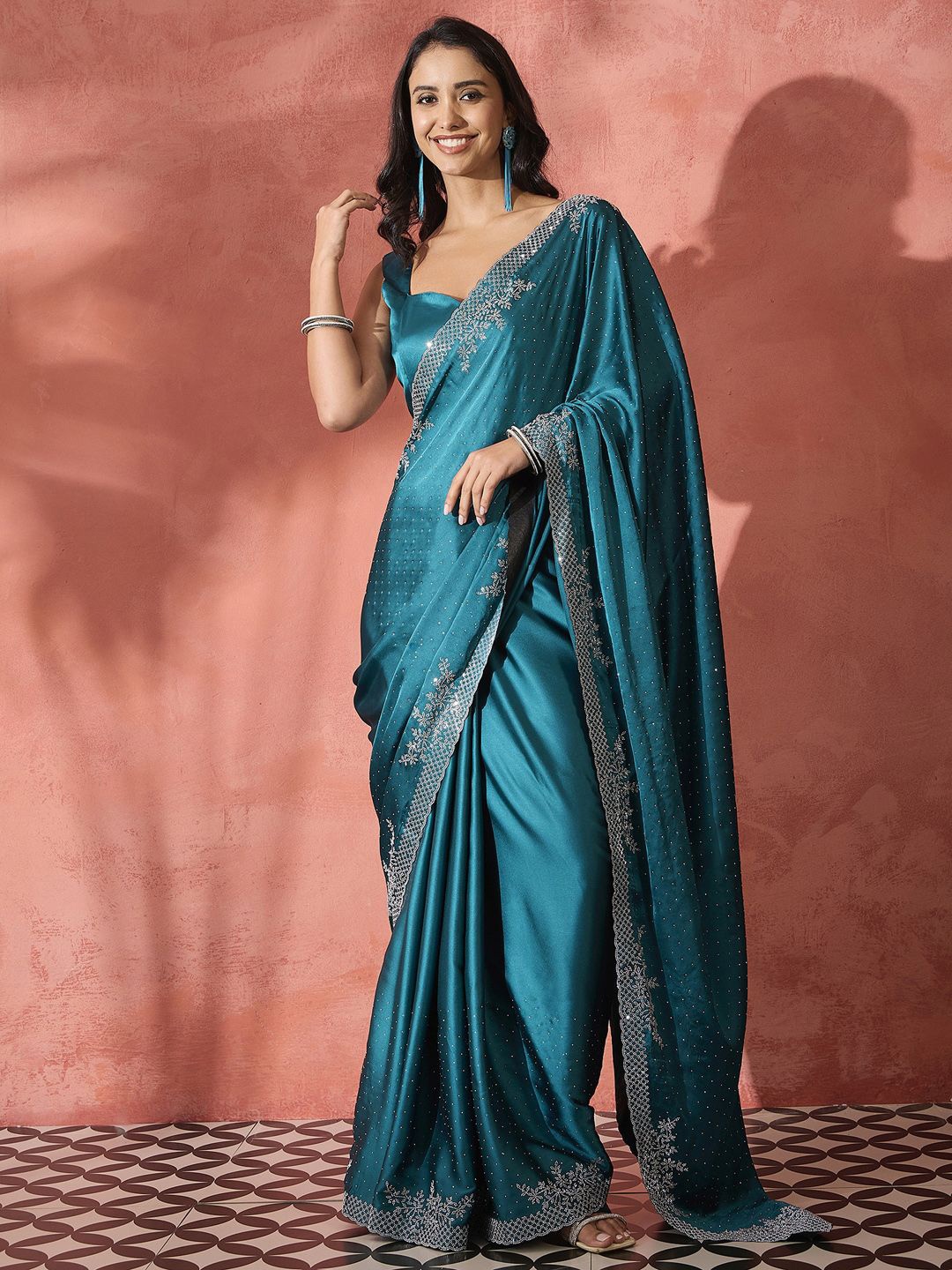 

Sangria Embellished Satin Saree With Unstitched Blouse, Teal