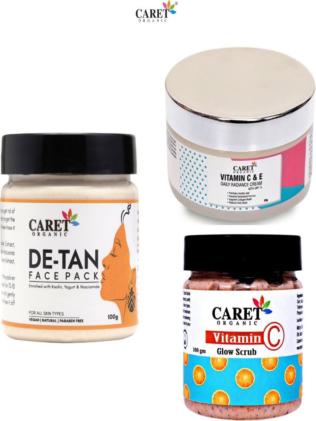 

CARET ORGANIC Set Of 3 Vitamin C Cream 50 g, Vitamin C Scrub & De-Tan Pack - 100 g Each, Multi