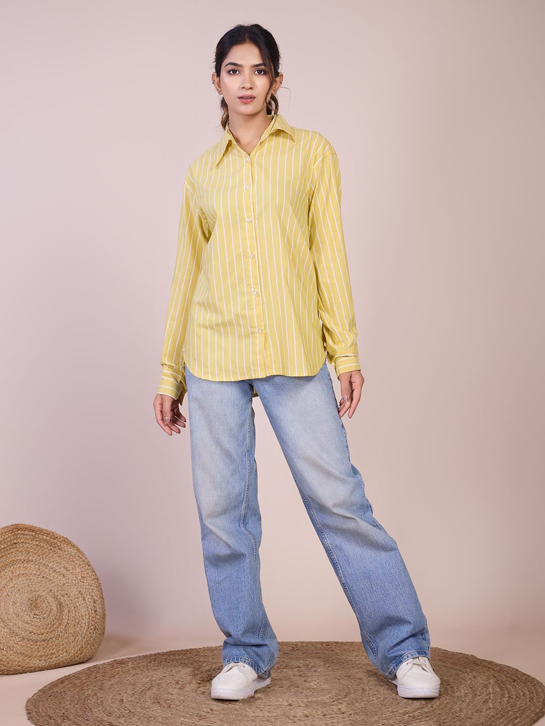 

HOUSE OF MIRA Women Classic Oversized Fit Vertical Striped Cotton Casual Shirt, Yellow