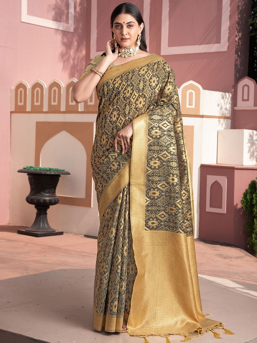 

Satrani Woven Design Zari Silk Ikat Saree, Grey