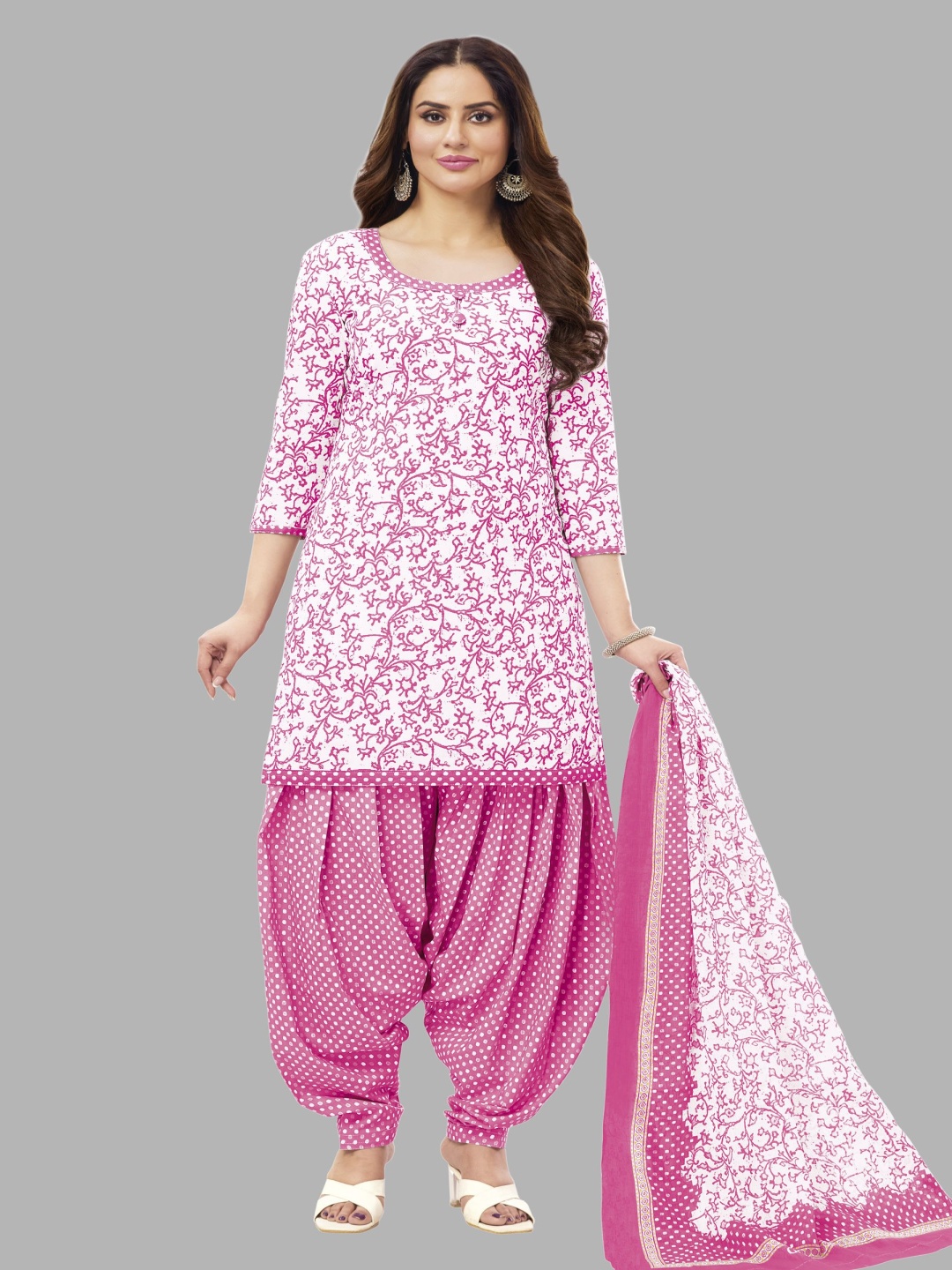 

shree jeenmata collection Printed Pure Cotton Unstitched Dress Material, Pink