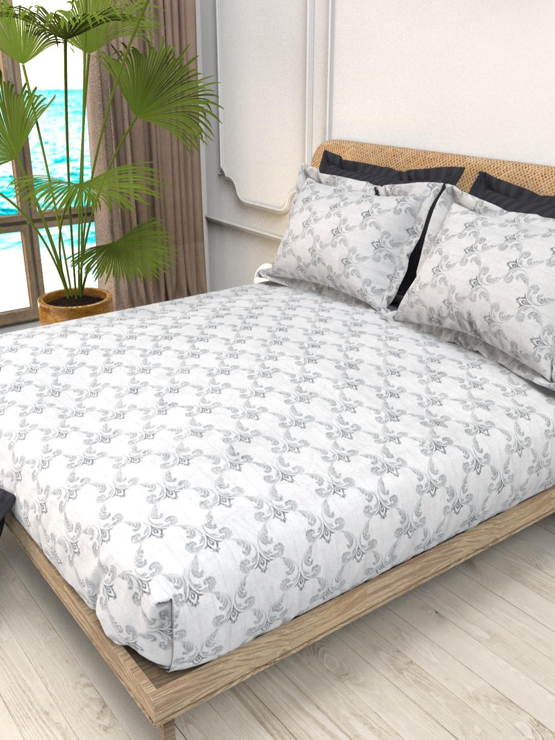 

THE WHITE MOSS White & Grey Floral 220 TC King Bedsheet with 4 Pillow Covers
