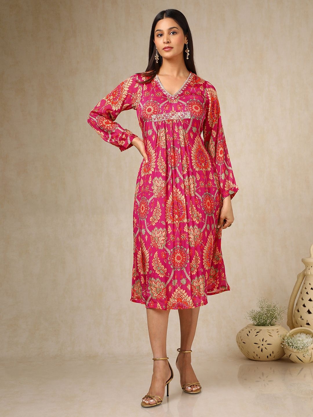 

Soch Ethnic Motifs Printed V-Neck A-Line Midi Dress, Fuchsia